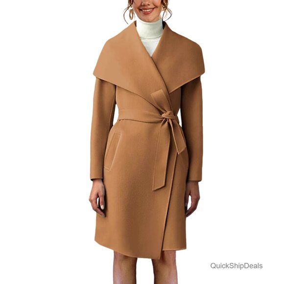 Women's Trench Coat with Belted Closure Lapel Collar Long Jacket Pockets